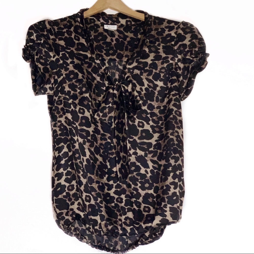 DYNAMITE Leopard Cheetah Print V-neck Bow Blouse